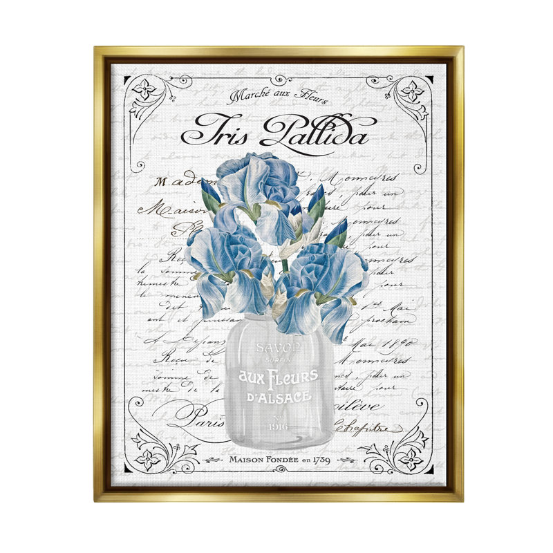 «Delicate Iris Flower Bouquet Ornate French», bordure par lettrage et doublure, H 31 po x l 25 po x P 1,7 po