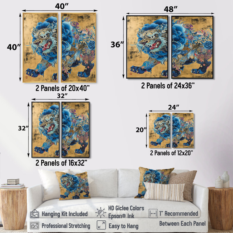Féroce lion sur or chinois rétro - grand art mural asiatique, Noir, H 36 po x l 48 po