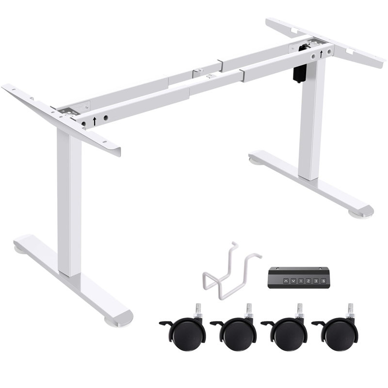 Single Motor Electric Standing Desk Frame With Cable Management Tray, Casters And Hooks, White