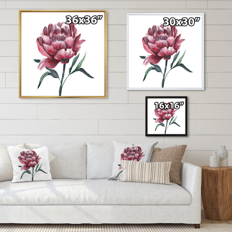 Fleur de pivoine rouge rétro, H 16 po x l 16 po x P 1 po, Toile avec cadre flottant or