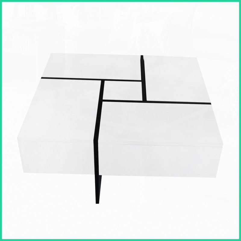 Table basse extensible carrée avec 4 compartiments cachés, plateau ultrabrillant UV pour le salon, 31,5 po x 31,5 po, Blanc
