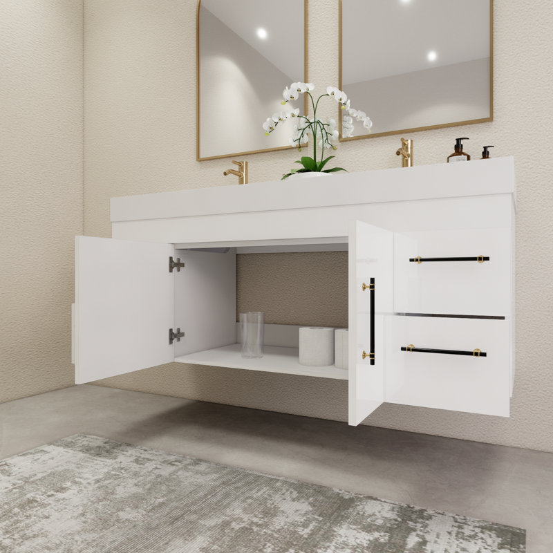 59" Wall-Mounted Double Bathroom Vanity Set, Glossy White