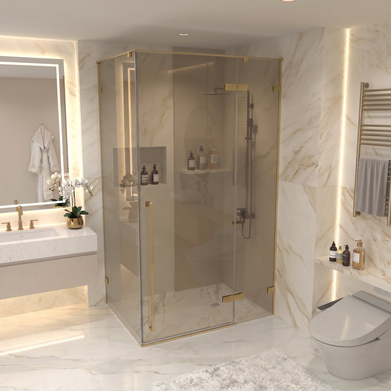 Drew Porte de douche pivotante réversible 45,6po–46po x 79po en or brossé avec verre teinté brun et panneau latéral 30,2–30,5po
