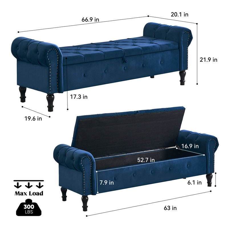 Banc de rangement en velours 66,9 po, Bleu