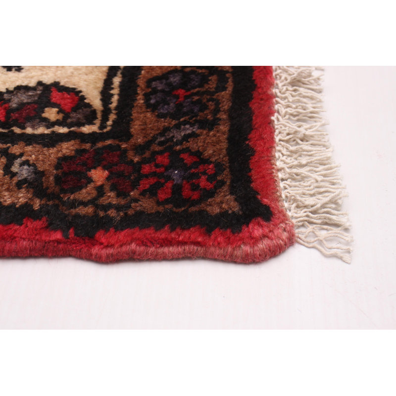 Tapis rouge en laine noué à la main de conception unique 3 pi 5 po x 5 pi 11 po années 1990