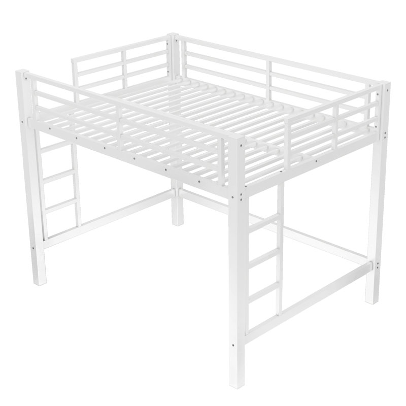 Full Size Metal Loft Bed with Guardrails and Easy Climbing Ladder, White, Full