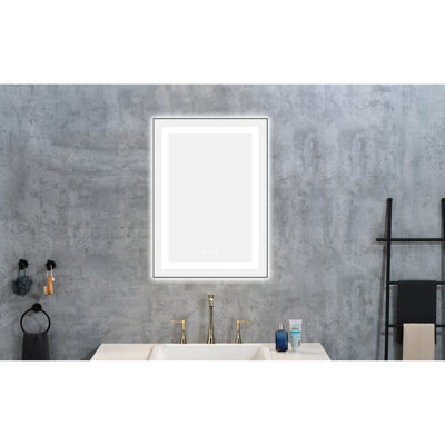 Miroir de salle de bain 20 po x 28 po à DEL avec 3 options de couleurs, gradation continue, brouillard, cadre en aluminium, fixation murale, avant et rétroéclairé, mémoire, couleurs, couleur de frêne, surface, décoration idéale