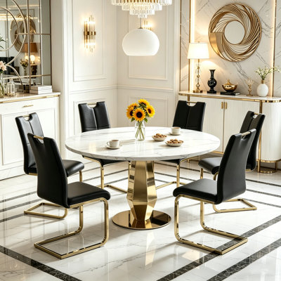 47" Round Dining Table Set, Faux Marble Dining Room Table Set, Modern Circle Kitchen Table Set with Leather Dining Chairs for Kitchen Dining Living Ro