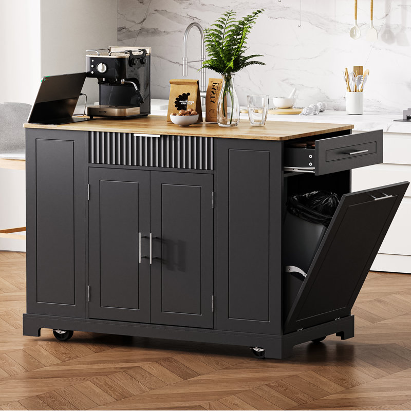 Fluted Kitchen Island with Trash Can Storage Cabinet, Power Outlet, Internal Storage Rack, Rolling Kitchen Islands on 5 Wheels with 3 Drawer, 3 Open Side Racks for 10 Gallon Garbage Bin, Black