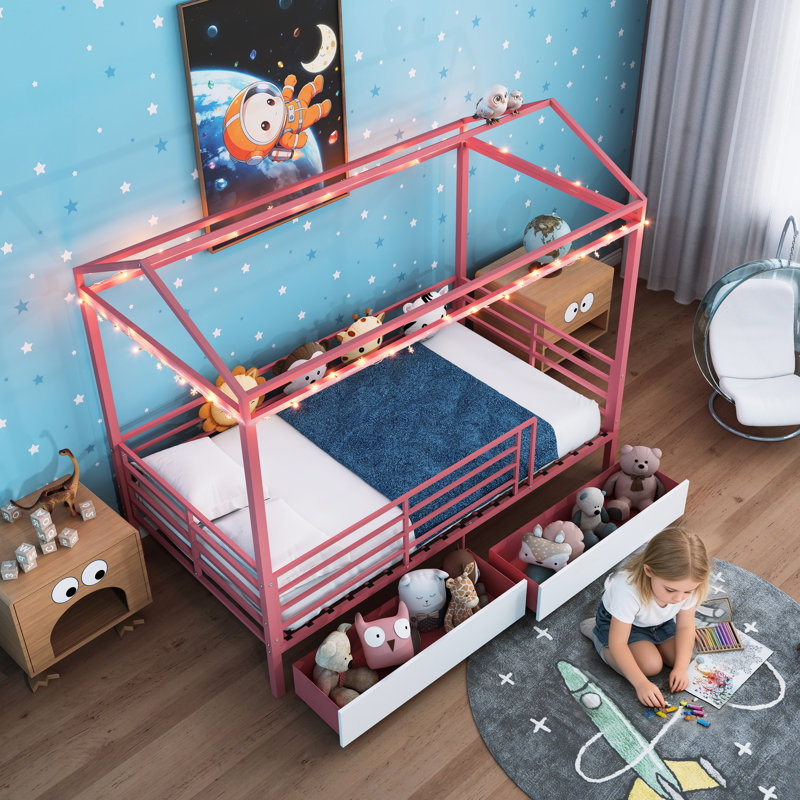 Lit pour maison rose, lit superposé simple avec toit et garde-corps, plancher à structure en métal dans la chambre à coucher, commodité à hauteur basse, garde-corps sans sommier requis, sommeil agréable, nécessaire