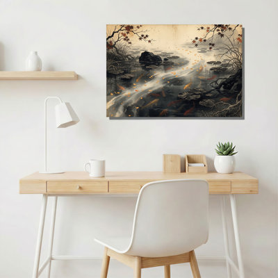«Koi Fish in Autumn Pond with Falling Maple Leaves», art mural sur toile
