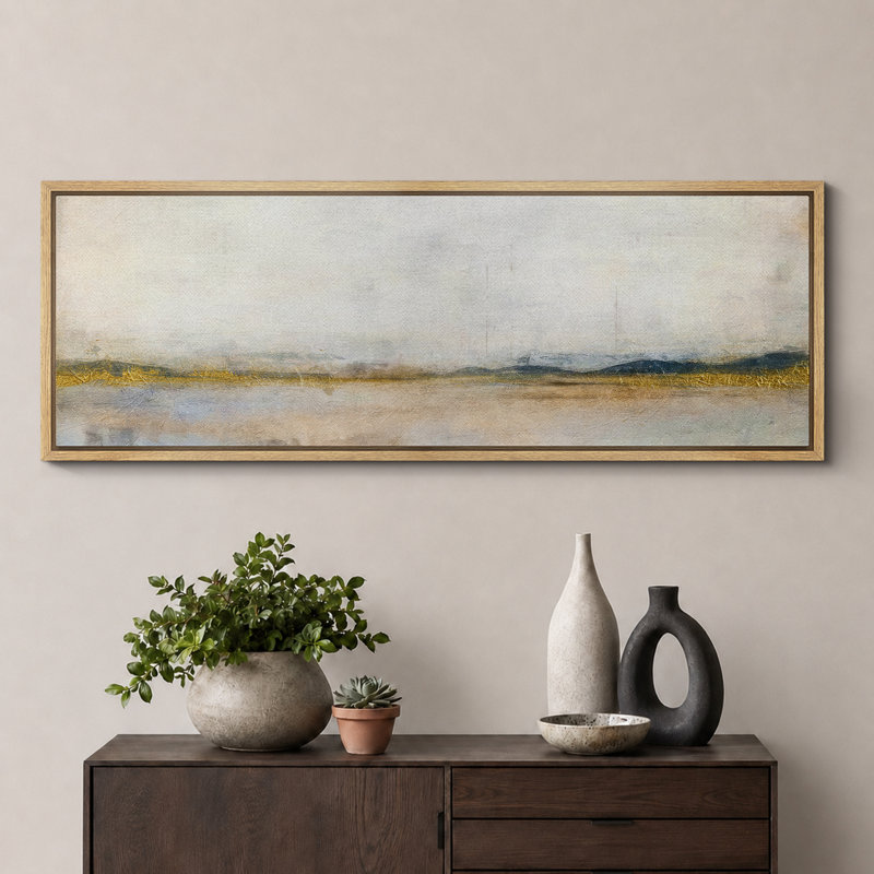 «Minimal Landscape Reflective Lake with Golden Accents», art moderne très grand, reproduction d'art, H 20 po x l 60 po