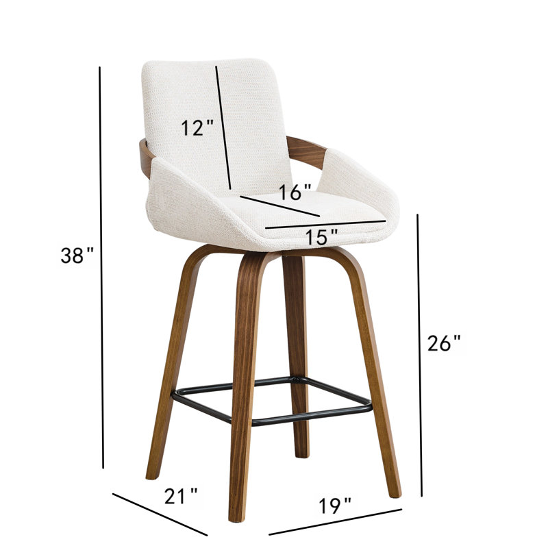 Tabouret de comptoir pivotant 26 po avec dossier enveloppé en bois cintré à finition noyer, 4, Beige