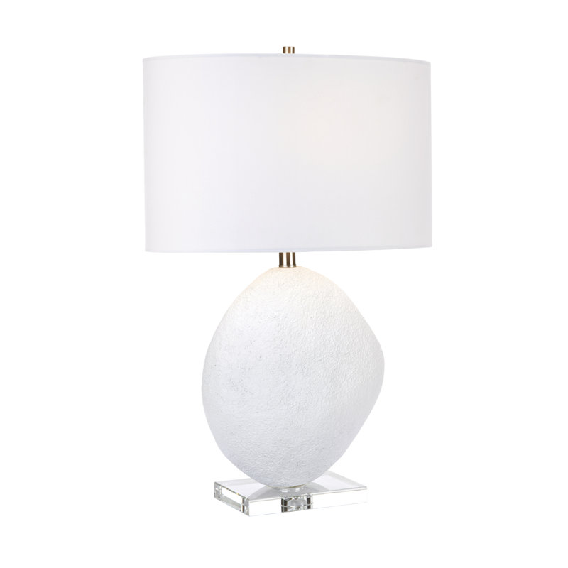 26.75"H White Textured Table Lamp With Clear Crystal Base And White Linen Oval Shade