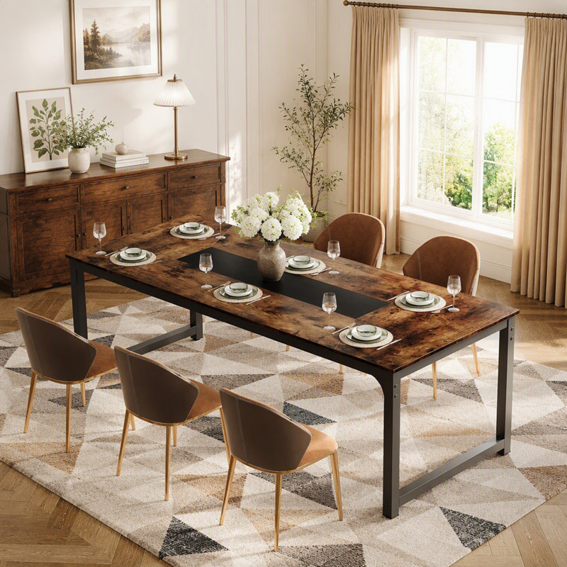 Table de salle à manger industrielle pour 6 à 8 personnes, table de salle à manger rectangulaire rustique avec cadre en métal robuste, parfaite pour le poste de travail ou les soirées de jeux