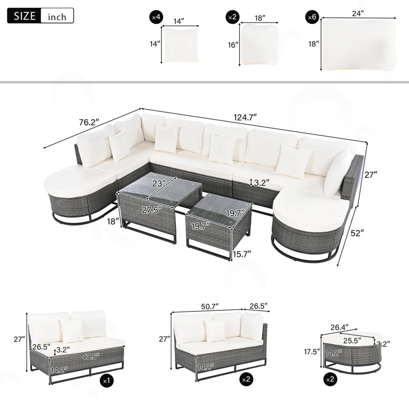 Ensemble modulaire d'extérieur 7 pièces avec 2 tables basses, Beige