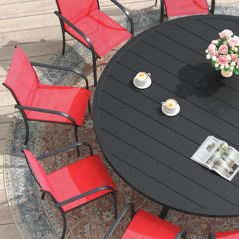 Lehigh 10-Person Patio Dining Set with 63" Round Dining Table and 10 PVC-coated polyester Dining Chairs, Red/Black