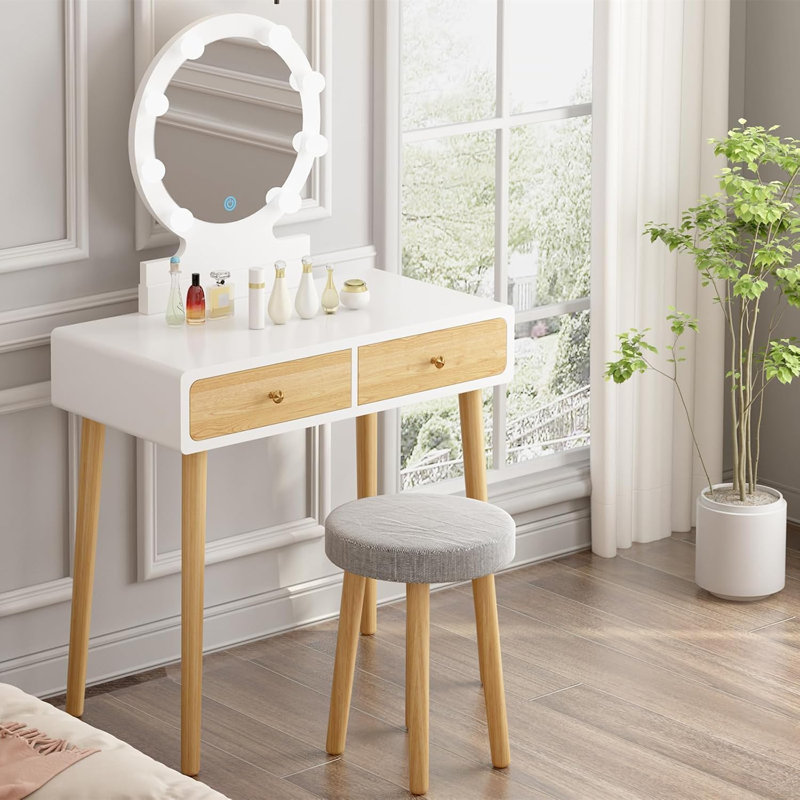 Meuble-lavabo blanc avec tabouret - équipé d'un miroir lumineux tactile