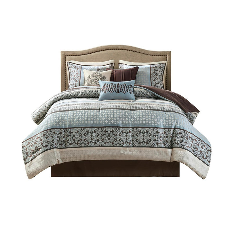 Polyester Jacquard Comforter 7 Piece Set, Blue, Queen Comforter + 6 Additional Pieces