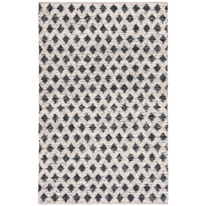Jeananne Flat Weave Wool/Leather Geometric Rug in Black/Beige, Rectangle 5' x 8'
