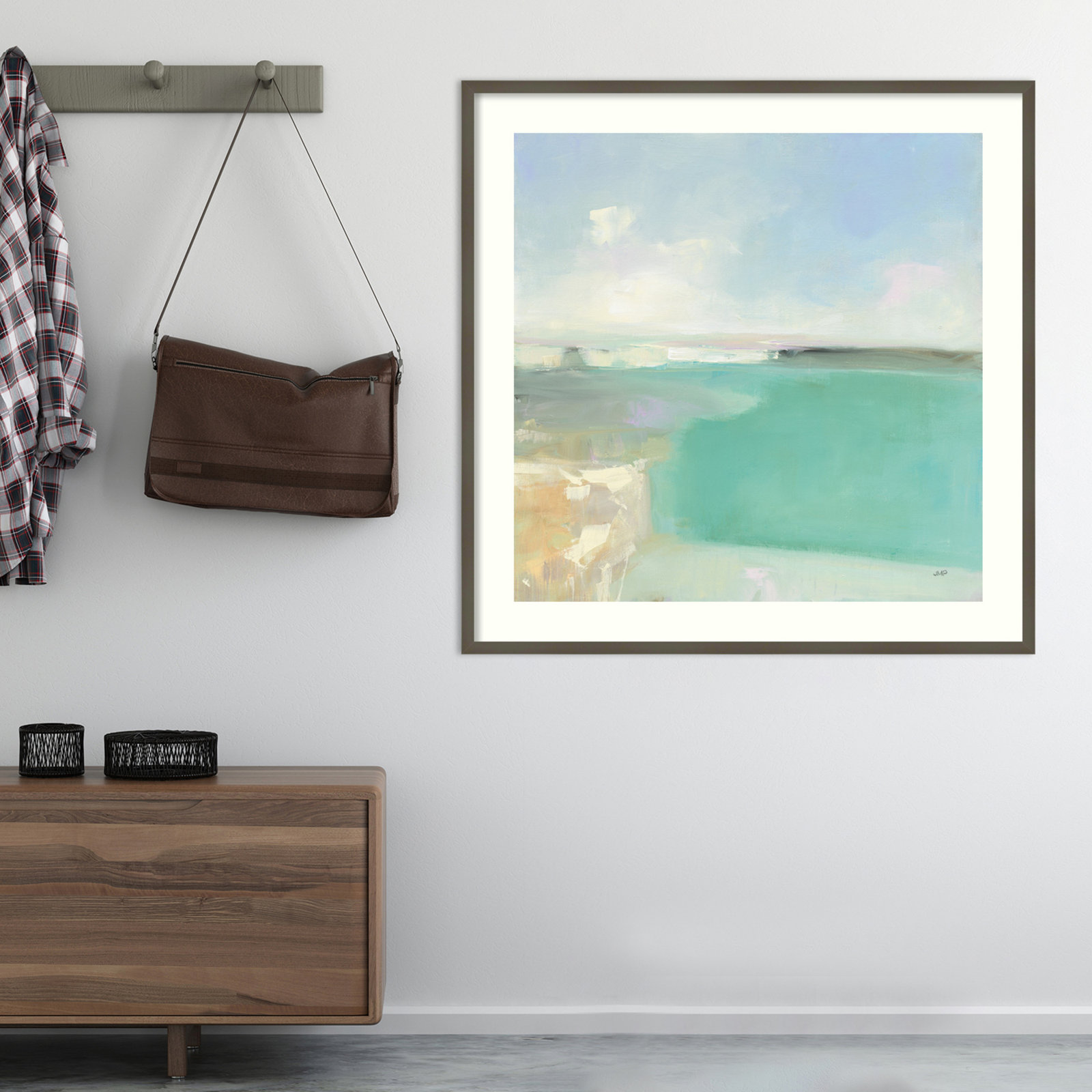 Summer Coastline Painting by Julia Purinton, 25" H x 25" W, Gray Framed Paper