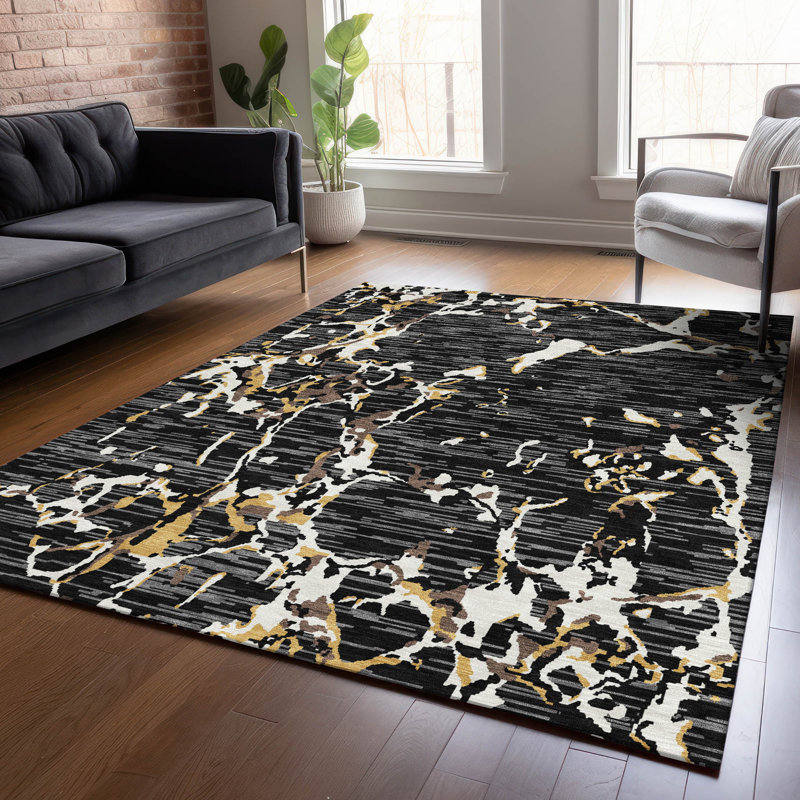 Red Abstract Synthetic Washable Non-Slip Rectangular Rug 3' x 5'