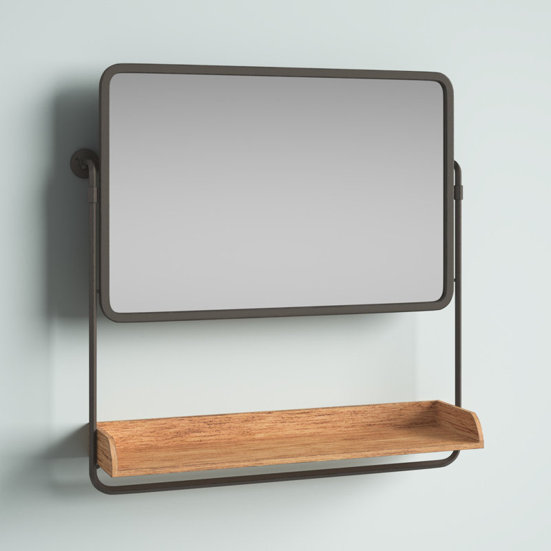 Rustic Brown and Black Rectangular Wall Mirror with Shelf