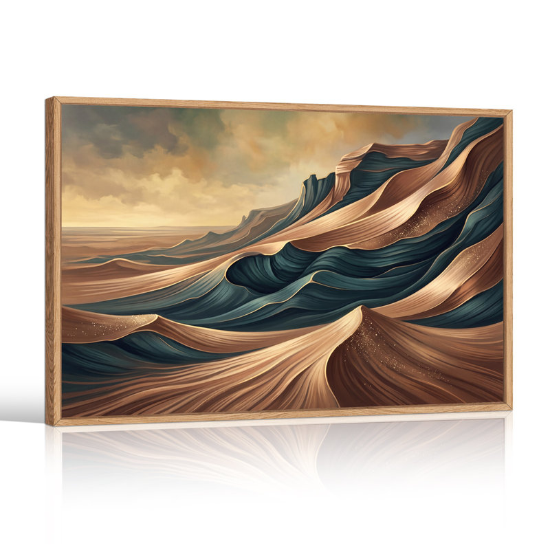 «Dayer» sarcelle et dunes de sable brun sous un ciel doré, art mural, H 18 po x l 24 po