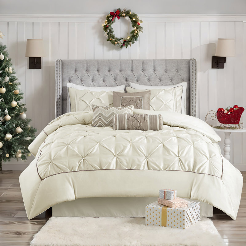 Ivory Queen 7-Piece Tufted Comforter Set with Stripes