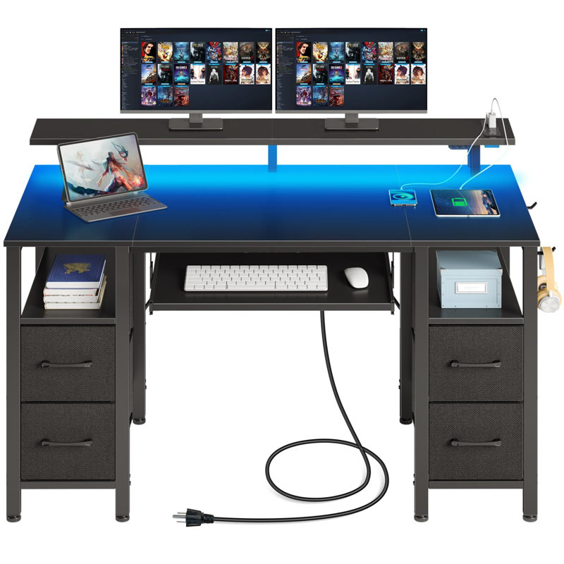 Computer Desk 47.2" With LED Lights & Power Outlets, Home Office Desk With 4 Drawers, Writing Desk With Keyboard Tray, Study Table With Monitor Stand, Work Desks For Home Office, Black