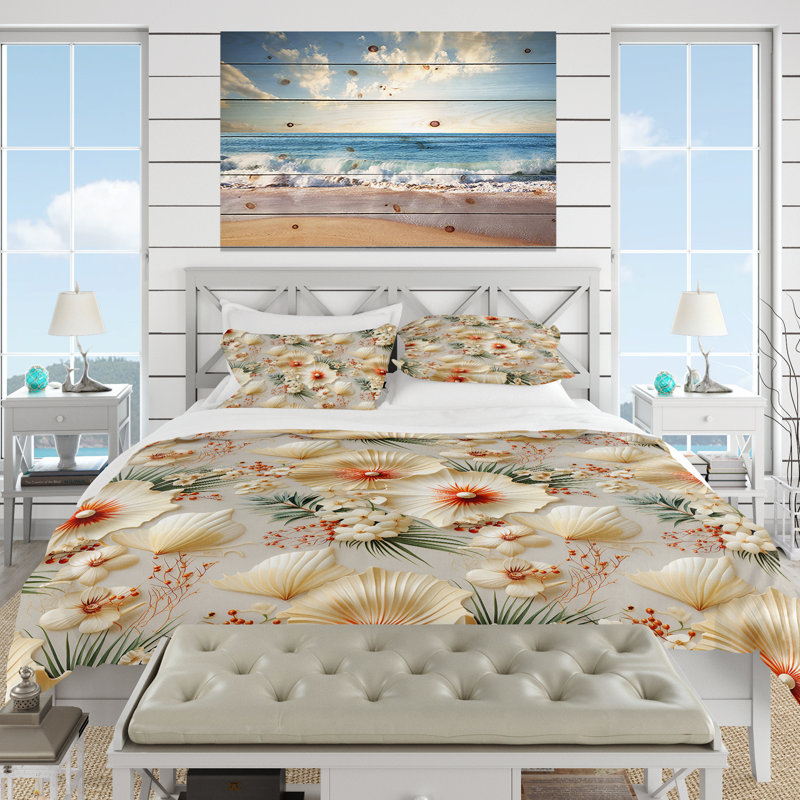 Seashell Serenity Tropical Pattern Floral Duvet Cover, Queen Duvet Cover + 2 Standard Shams