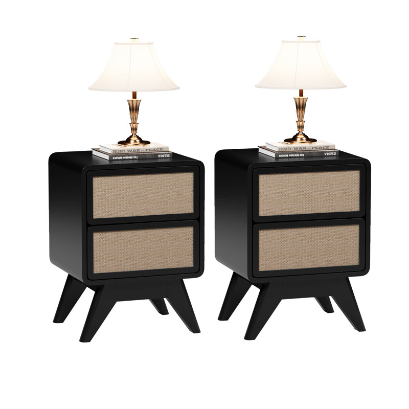 Black and Linen 2-Drawer Solid Wood Nightstand Set