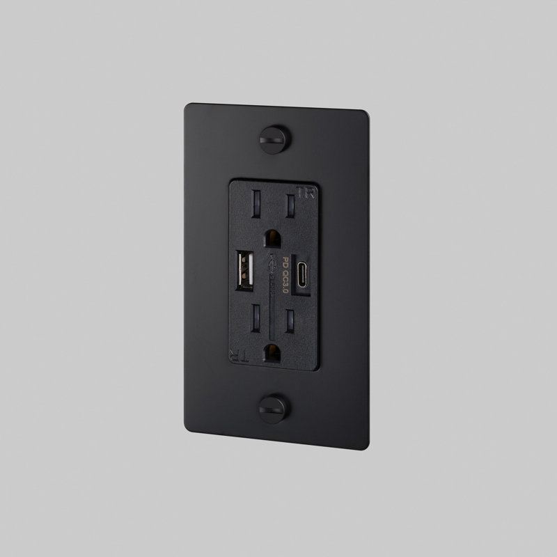 Prise de courant combinée 1G et chargeur USB-A + C / sans logo, Noir mat