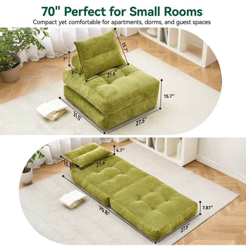 Modern Memory Foam 3-in-1 Folding Floor Sofa Bed, No Assembly Required, Matcha Green
