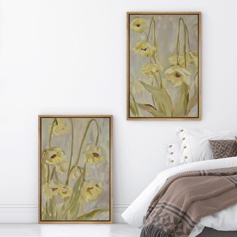 Art mural botanique abstrait jaune pour chambre à coucher principale, reproduction d'art sur toile encadrée, 2 pièces