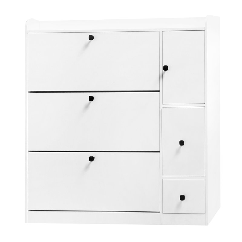 Versatile White Shoe Cabinet With 3 Flip Drawers And Pull-Down Changing Seat For Space Optimization