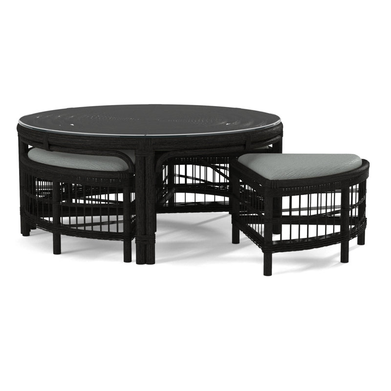 Raffles Rattan Cocktail Table with Benches, Black, White Sugar Performance; 0863-91