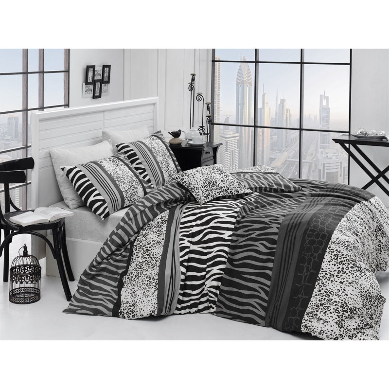 Ensemble de housse de couette 100% coton Carola, Housse de couette double TG + 3 pièces supplémen, Noir et blanc