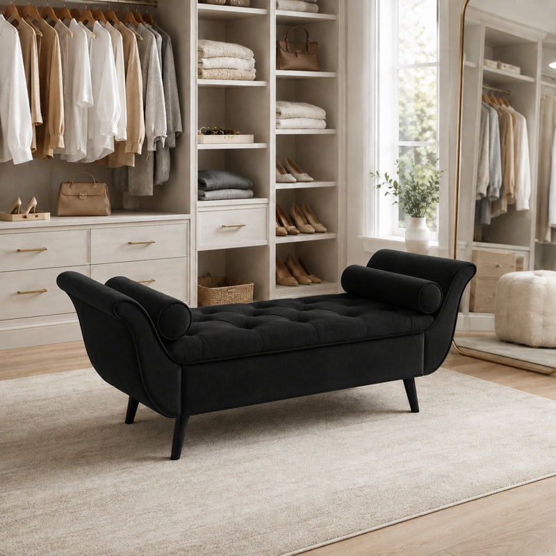 Velvet Upholstered Storage Bench, Black