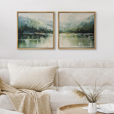 Mountains And Rivers " Green Misty Mountain Reflection Serene Lake Nature Landscape " 2 - Pieces