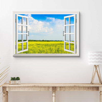 "Fenêtre vue de marguerites jaunes et arbres, photographie de paysage naturel, réalisme, paysage rustique" sur