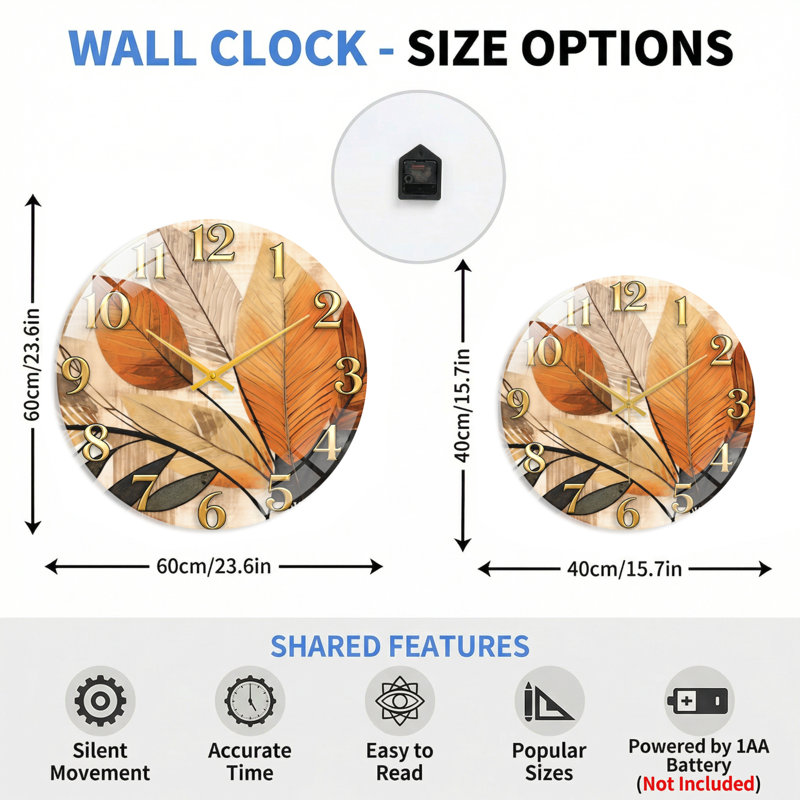 "Autumn Leaves", horloge murale en verre, 60 x 60 cm (23,6 x 23,6 pouces)