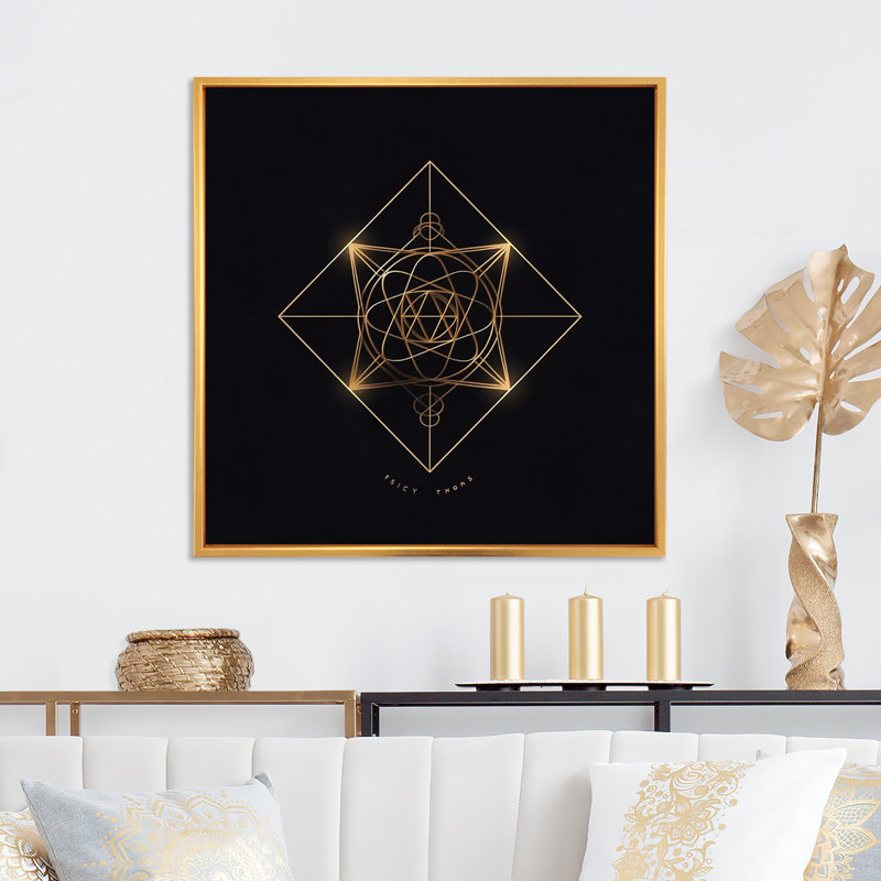 «Gold Sacred Geometric Visions On Black I», reproduction sur toile, H 36 po x l 36 po x P 1,5 po, Cadre flottant doré