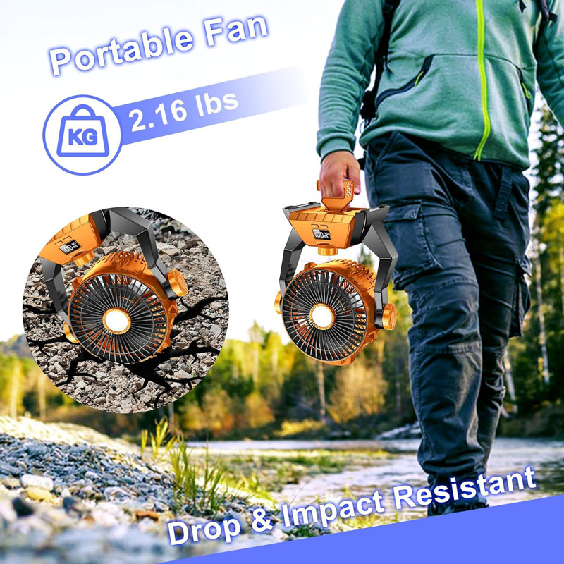Camping Fan - Rechargeable Portable Battery Powered Camping Fans For Tents With LED Light, Power Display, Timers And 360° Hanging Hook, Ultra Quiet USB Personal Tent Fan For Fishing Travel Home Office