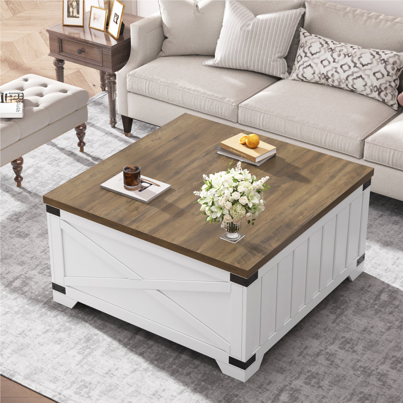 Table basse avec rangement relevable Locascio Farmhouse, Brun / blanc
