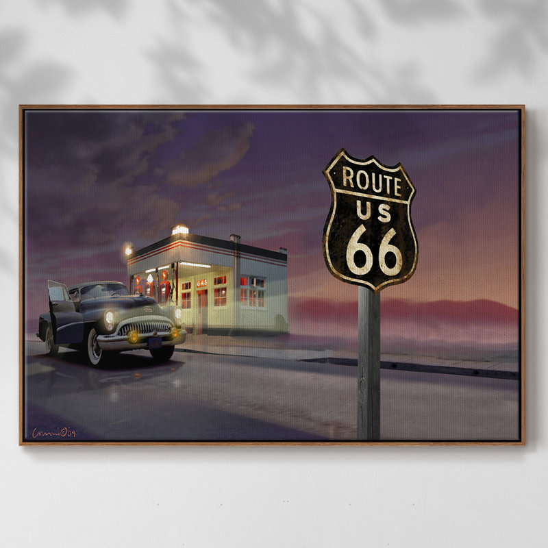 Route 66 - reproduction sur toile avec cadre flottant, Noyer, H 27 po x l 41 po x P 2 po
