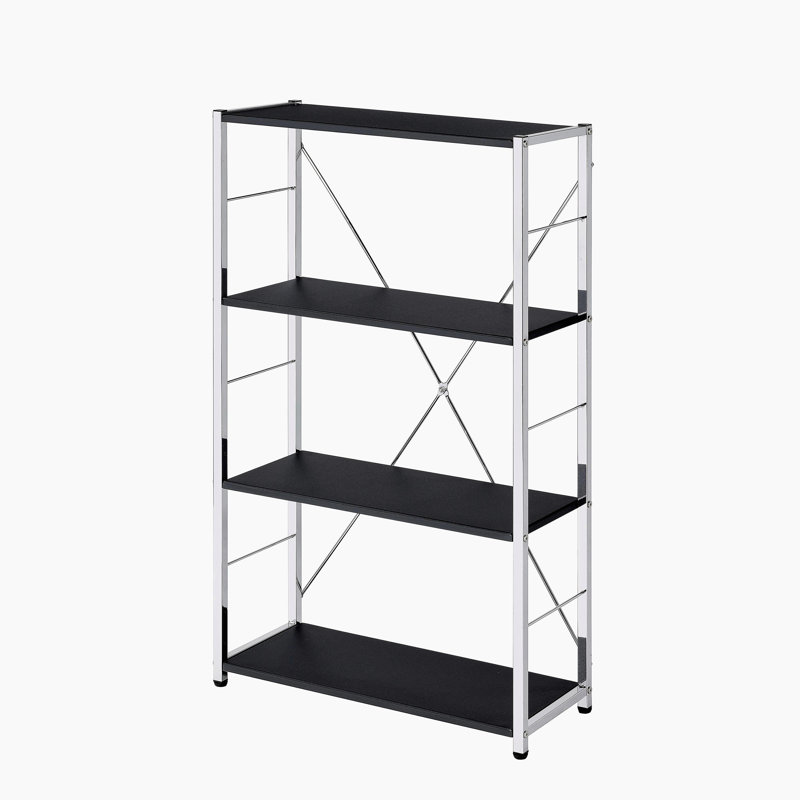 Black & Chrome Finish Bookshelf, (4 Shelves) 42"H x 24"W x 11"D