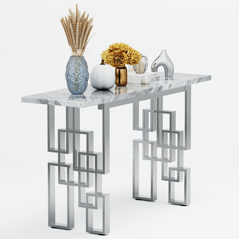Silver Console Table, 55" Rectangle Grey Sintered Stone Sofa Table With Geometric Base, Modern Entryway Table For Home, Office