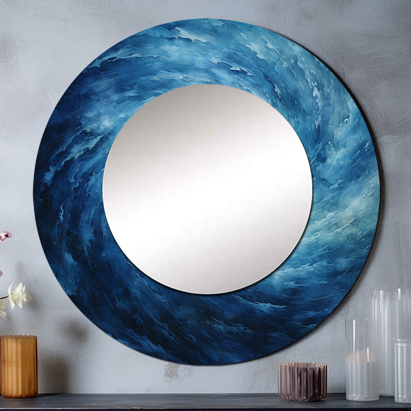 «Blue Swirl Wave Spiral VII», grand miroir à spirales abstraites, décor de miroir mural bleu unique, impression sur métal