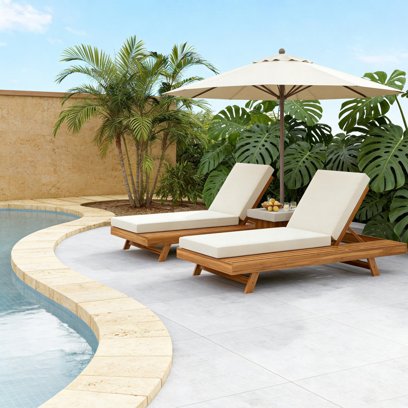 Chaise longue de 1 pièce, espace disponible sur un côté, bois d'acacia avec coussins de salon résistants à l'eau (4 pouces d'épaisseur) - Version assortie disponible